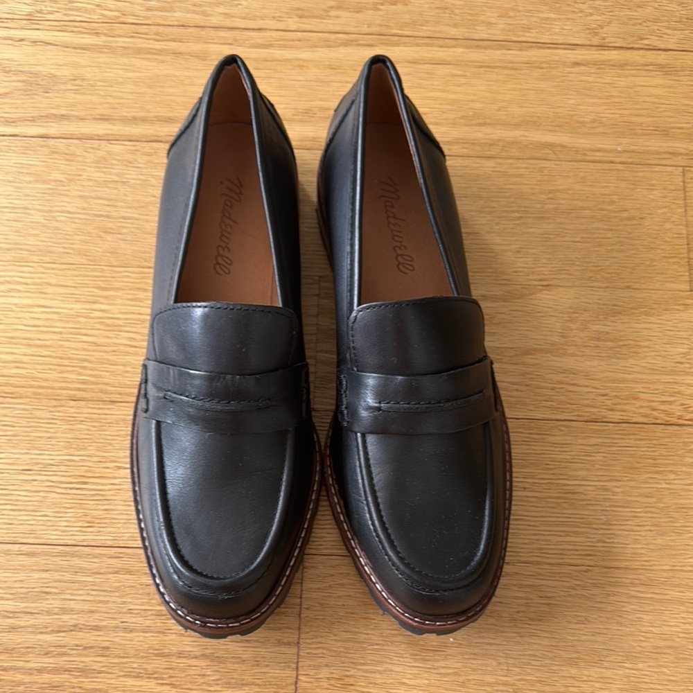 Madewell Black Leather Loafers with Modern Platform Sole